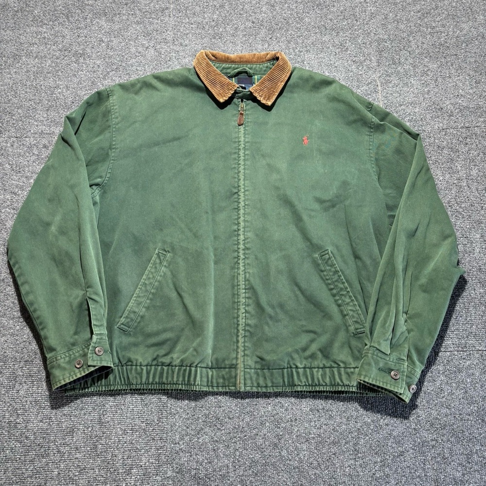 Vtg Polo Ralph Lauren Harrington Jacket Men L Green Corduroy Collar Plaid Lined